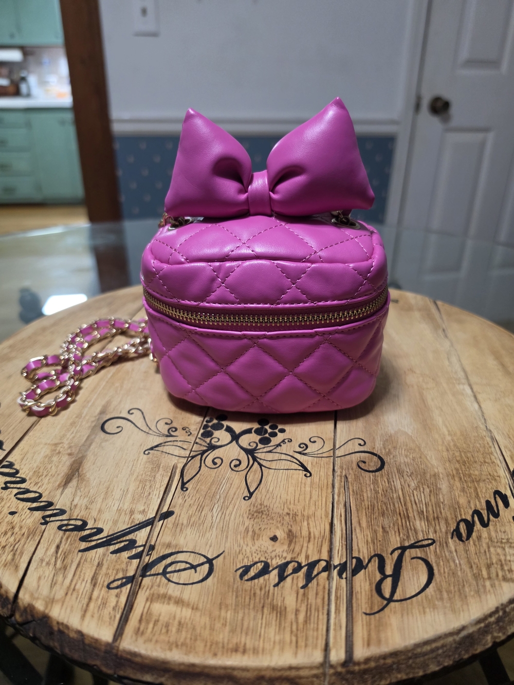 Quilted Mini Crossbody Bag with Bow - Hot Pink